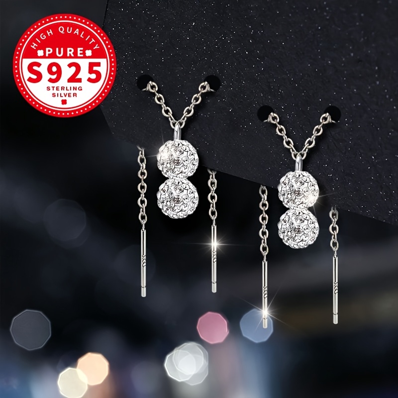 Women's S925 Silver Shambala Ball Double Chain Ear Threads, Elegant Gift